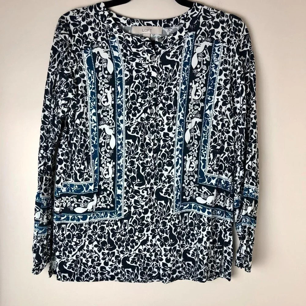 LOFT | Forest Animal Printed Half Button Blouse - Picture 1 of 6